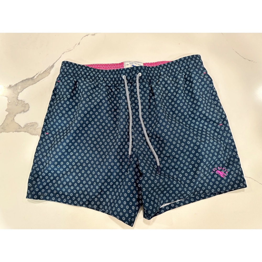 Ted Baker Mens Navy Blue Floral Geometric Swim Trunks Shorts Pink Lobster Sz 3 M